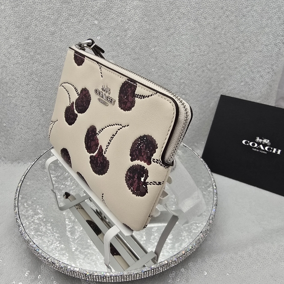 Coach Corner Zip Sequined Cherry Print Wristlet Smooth Leather Chalk & Silver - Picture 5 of 10